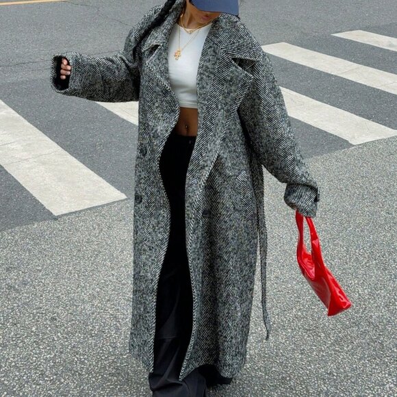 Black & White Women's Herringbone Double-Breasted Belted Longline Coat - Picture 6 of 6